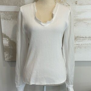 White Sheer Sleeve Ribbed Long Sleeve Blouse